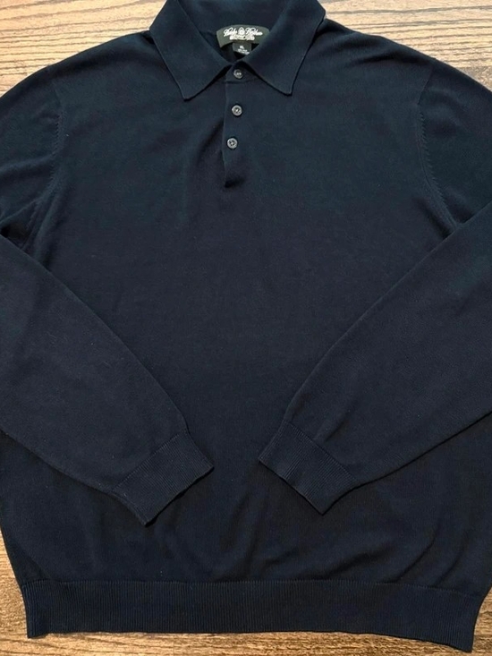 Other - Men's Long-Sleeve Knit Polo in Navy - Classic Collared Shirt